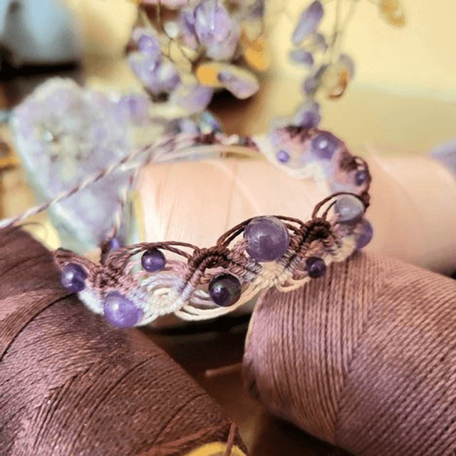 Kit Bracelet double vague Améthyste (micro-macramé fils en dégradé de mauve, améthyste pierre naturelle)